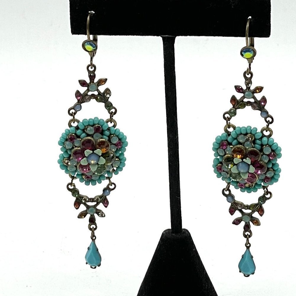 Michal Negrin Blue Multi-Color Crystal Floral Chandelier Drop Pierced Earrings